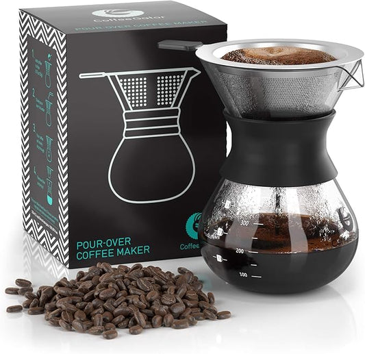 Coffee Gator Pour Over Coffee Maker Portable - 10.5oz High Heat Borosilicate Glass w/Reusable Stainless Steel Filter, Drip Coffee Brewer Pourover Dripper Set Carafe, 300ml Black