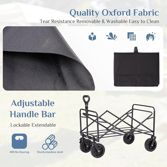 DUMOS Foldable Wagons Carts with All-Terrain Wheels, 170L & 400LBS Portable Wagon Large Capacity Utility Cart with Drink Holders, Heavy Duty Collapsible for Sand, Beach, Gardening (Extra Large Black)