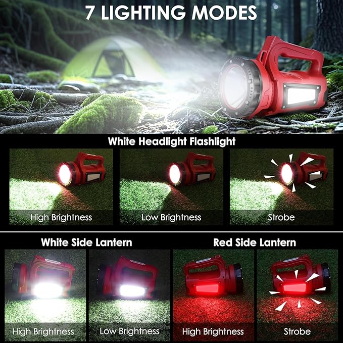 Rechargeable LED Flashlight, Camping Lantern Flashlight with 1000LM, 7 Modes, Power Bank, IPX4 Waterproof Camping Essentials Light for Hurricane Emergency Hiking Survival Kits - Red