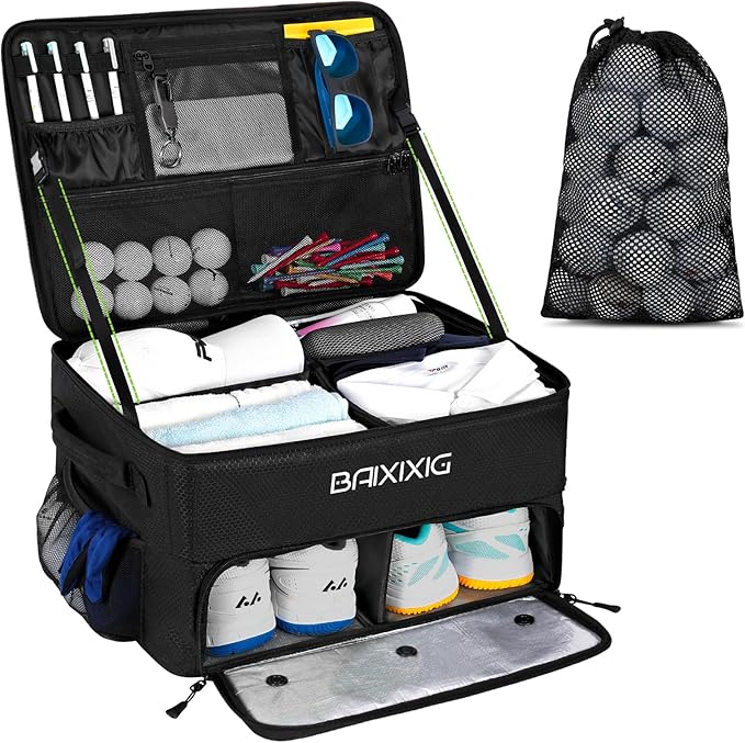 Golf Trunk Organizer, 2 Layer Waterproof Car Golf Locker with Separate Ventilated Compartment for 2 Pair Shoes, Golf Trunk Storage for Golf Accessories, Golf Gifts for Men