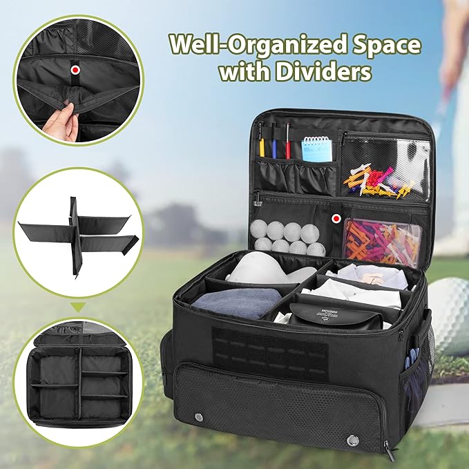 Golf Trunk Organizer Storage with Separate Compartment for 2 Pair Shoes Up to US Mens 16, Golf Car Locker Organizer for Balls, Tees, Clothes, Gloves, Accessories
