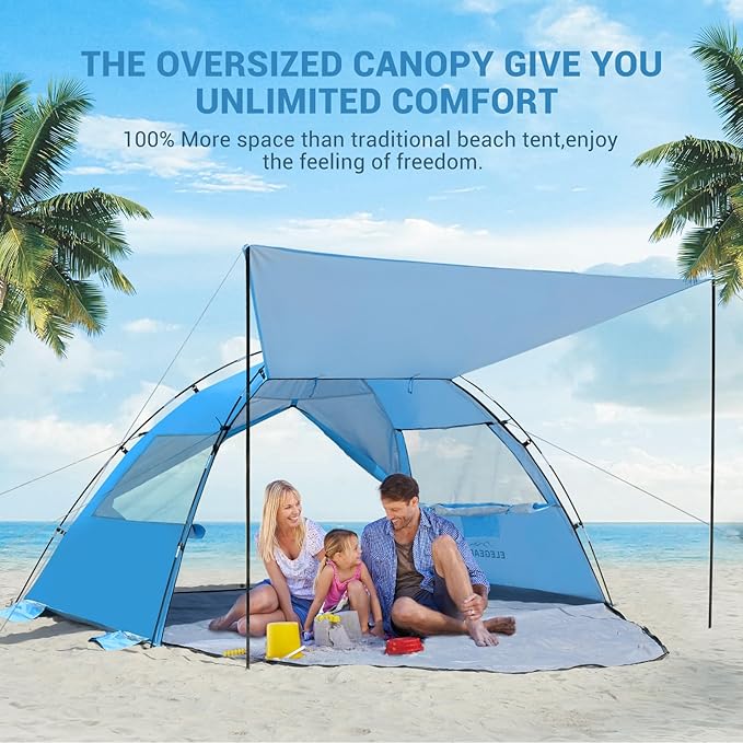Elegear Beach Tent Sun Shelter with Canopy, 4-5 Person Pop Up Beach Tent Cabana, Easy Setup UPF 50+ UV Protection Portable Lightweight Double Silver Coating Sun Shade Shelter - Dark Blue