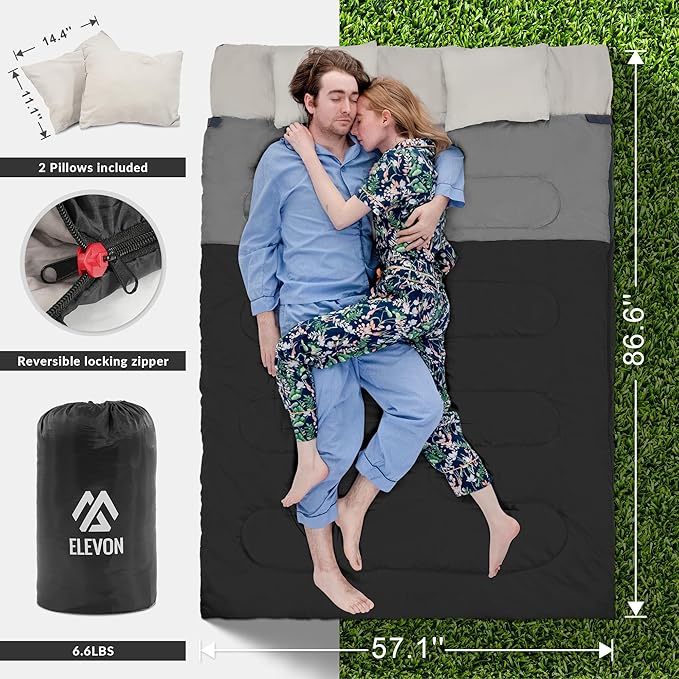 Double Sleeping Bag with 2 Pillows for Adults, Queen Size XL Sleeping Bag Waterproof, Compact with Compression Sack, 2 Person Sleeping Bags for 3-4 Seasons Camping, Backpacking, Hiking, Travel