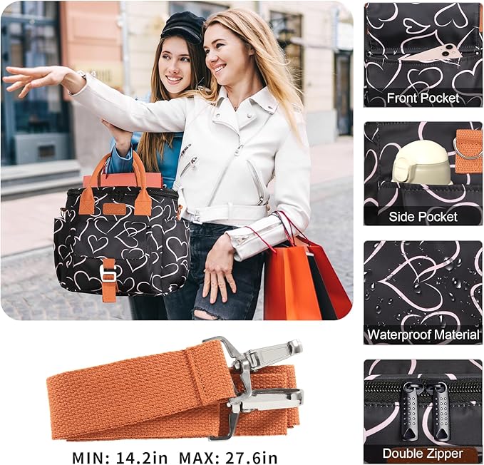 Joymee Large Insulated Lunch Bag for Women Adults, Reusable Waterproof Lunch Box for Work Picnic Camping, Small Lunch Cooler Leakproof Tote with Side Pocket Adjustable Shoulder Strap - Love Heart