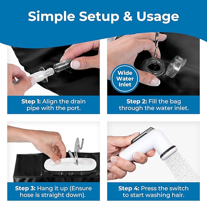 Portable Hair Washing Station, 2.5 GL Bedside Shower Water Bag for Hair Washing in Bed, Use with Inflatable Shampoo Basin, Inflatable Hair Washing Basin, Inflatable Bathtub - Black