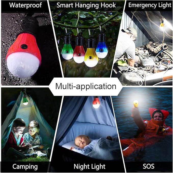 PEMOTech Camping Lantern 4 Pack, 4 Lighting Modes LED Camping Lights Bulbs with Clip Hooks, Waterproof Portable Battery Operated Emergency Tent Lights for Outdoor Camping Hiking Fishing Hunting