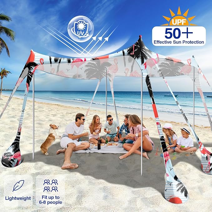 Rhino Valley Beach Tent Sun Shelter, Beach Canopy Tent Sun Shade UPF50+ Protection with 8 Sandbags 4 Stability Poles, Outdoor Beach Shade Canopy for Beach, Camping, Fishing