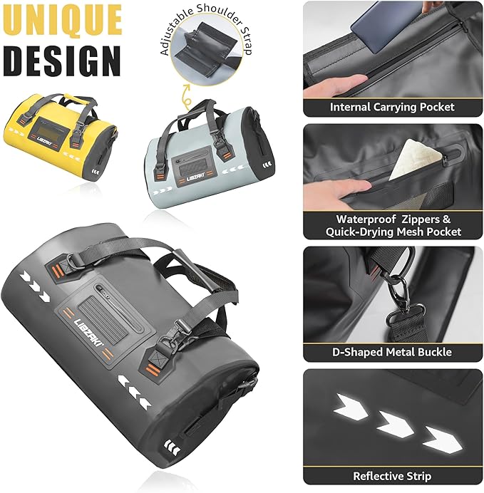 LIBZAKI Waterproof Rolltop Duffel Bag-Heavy Duty Dry Bag for Motorcycle Camping & Boating, Military-Grade Seams & Quick-Release Buckles 70L Black