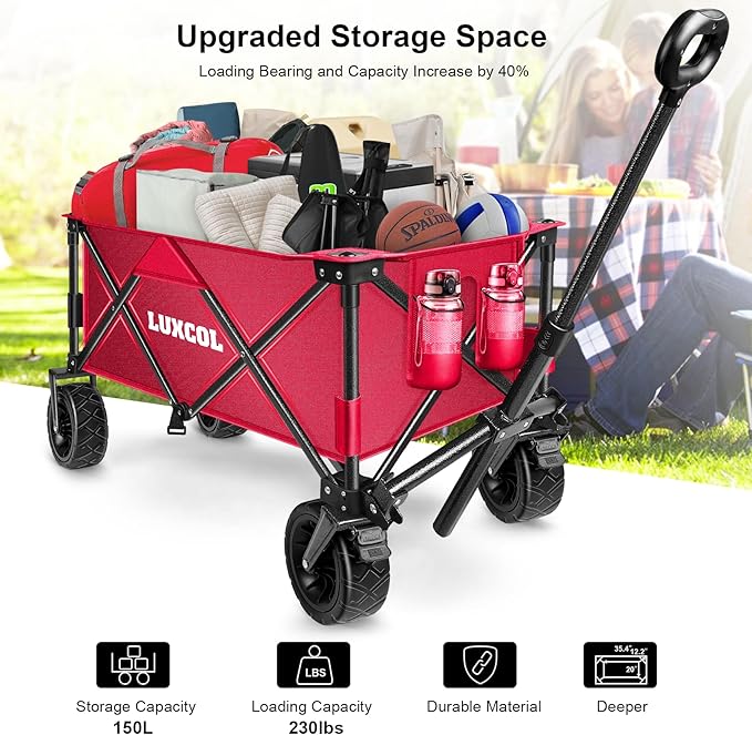 LUXCOL Collapsible Folding Wagon, Heavy Duty Utility Beach Wagon Cart for Sand with Big Wheels, Adjustable Handle&Drink Holders for Shopping, Camping,Garden and Outdoor