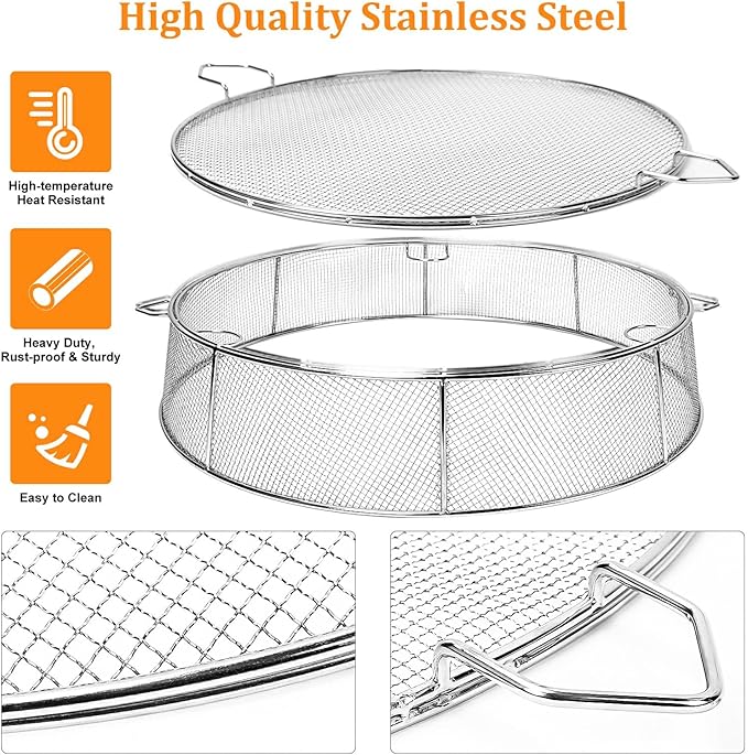 Fire Pit Spark Shield Cover for Solo Stove Bonfire, 304 Stainless Steel Spark Screen for 19.5 Inch Solo Stove Bonfire, Firepit Lid with Cooking Grate & Guild Stick for Outdoor Patio Fire Pits Backyard