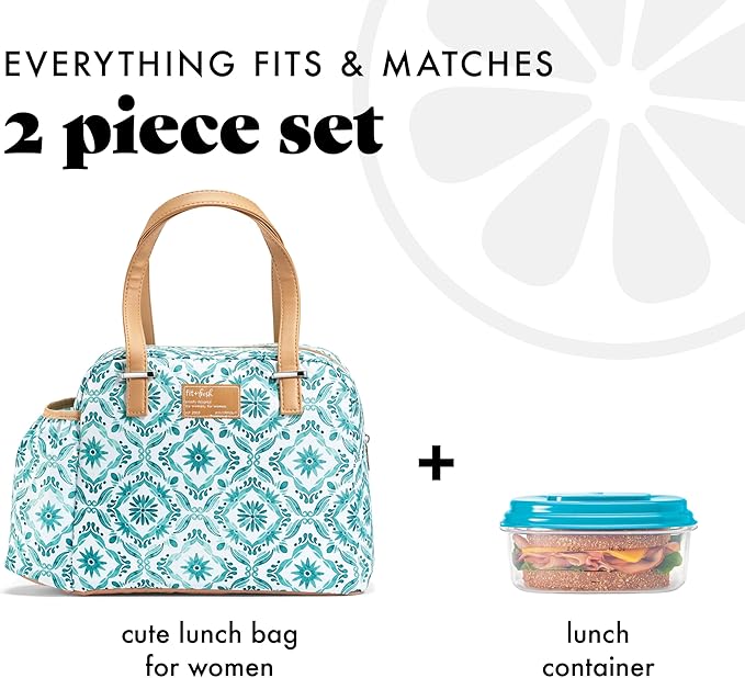 Fit & Fresh Lunch Bag For Women, Insulated Womens Lunch Bag For Work, Leakproof & Stain-Resistant Large Lunch Box For Women With Expandable Bottle Pocket, Zipper Closure Laketown Lunch Bag Aqua