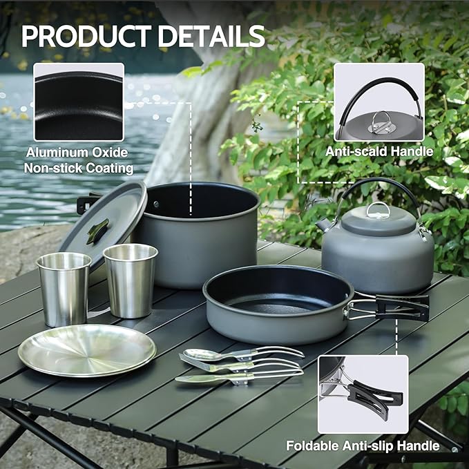 REDCAMP 12/14/15/19 PCS Camping Cookware Mess Kit Camping Gear Campfire Utensils Lightweight Stackable Pot Pan Bowls Soup Spoon with Storage Bag for Camping, Backpacking, Outdoor Cooking, Picnic