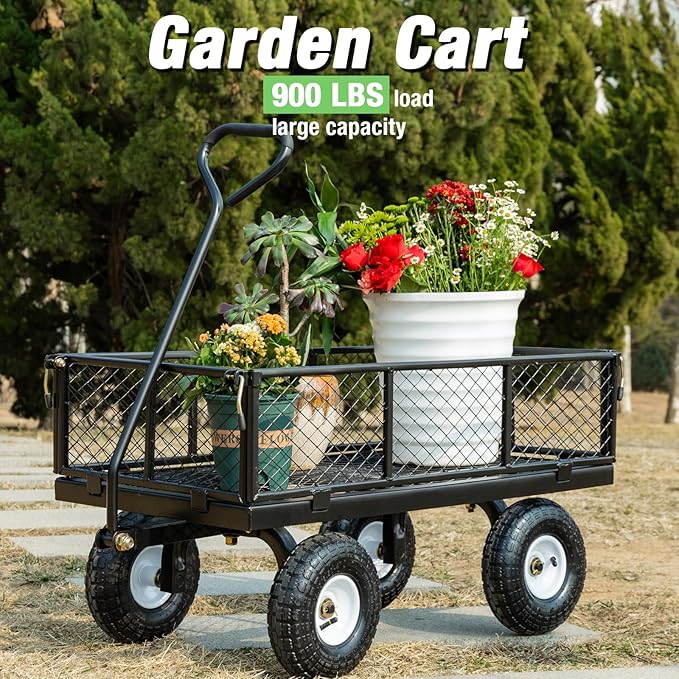 Heavy Duty Steel 900Lbs Wagon Garden Carts, Utility Pullable with Removable Folding Sides, All Terrain Wagons for Outdoor, Garden, Farm, Yard, 43" x 21"x 21" inch, Black