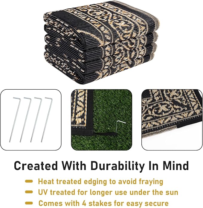 Outdoor Rug 8'x10' for Patios Waterproof Patio Rugs Outdoor Mats for Front Porch,Beach Mat,Reversible Plastic Straw Camping Rugs for Outside RV,Deck,Balcony,Backyard，Black&Beige
