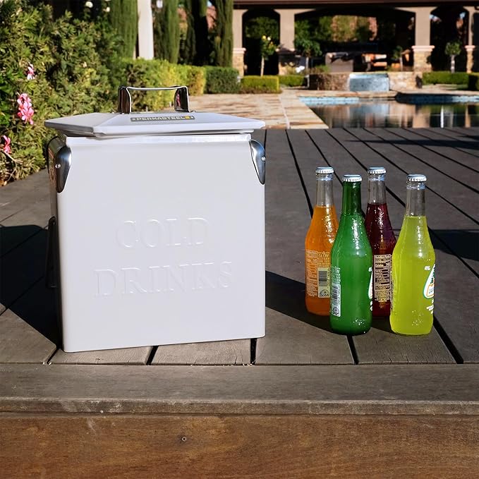 Permasteel Retro Vintage 14-Qt Portable Ice Chest, Hard Metal Beverage Cooler, Personal Cooler for Camping, Beach, Picnic, Classic Style, White