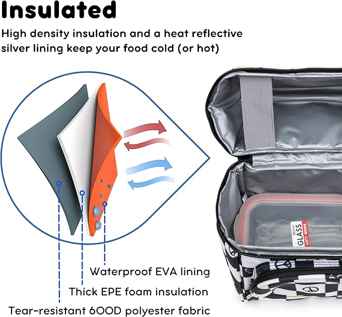 J World Corey Kids Lunch Bag. Insulated Lunch-Box for Boys Girls, Icon Checkers