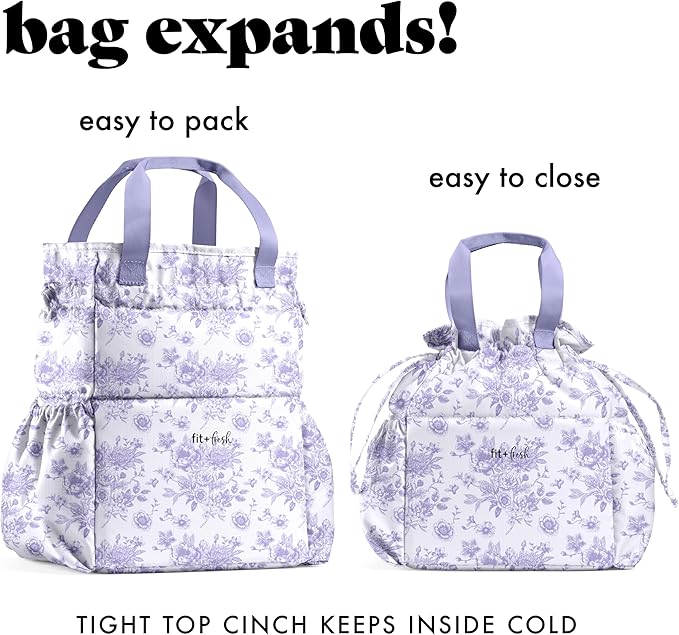 Fit & Fresh Lunch Bag For Women, Insulated Womens Lunch Bag For Work, Stain-Resistant Large Lunch Box For Women With Containers, Cinch Closure Cromwell Bag, Lavender Floral Toile