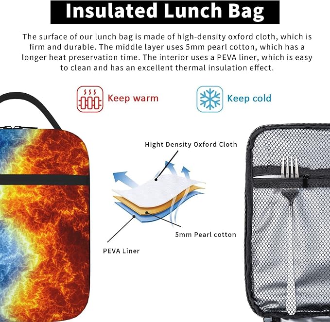 SARA NELL Cool Fire and Ice Abstract Fractal Lightning Insulated Lunch Bag Fire and Ice Lunch Cooler Box for Women Men Teens Kids, Reusable Lunch Tote Bag for Work, Picnic, School or Travel