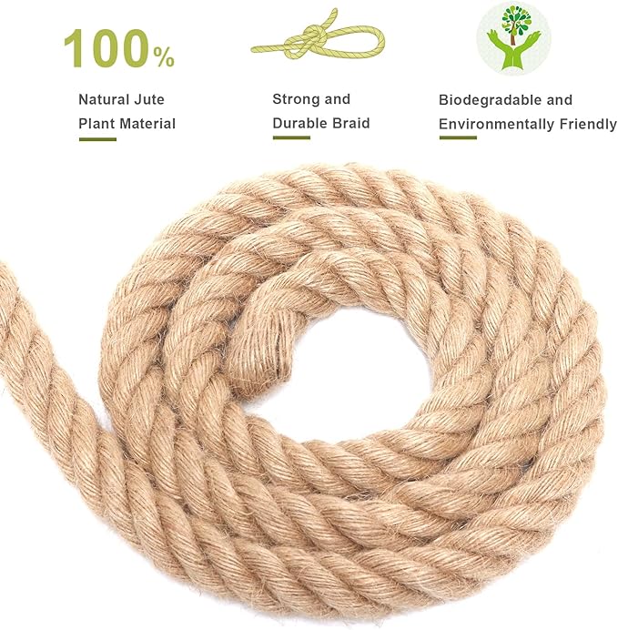 Rope 3/4 Inch 50 Feet Jute Rope, Heavy Duty Jute Rope,Natural Hemp Rope, Twisted Hemp Rope for Crafts, Gardening, Bundling,Hammock, Nautical, Tug of War, Railings, Home Decorating