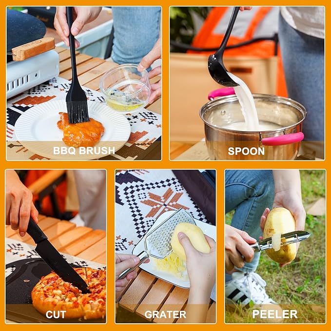 Camping Essentials Cookware Cooking Utensils Set - Portable Camp Kitchen Mess Kit Outdoor Accessories, Stainless Steel & Silicone, Camping Gear Equipment for RV Picnic Grill