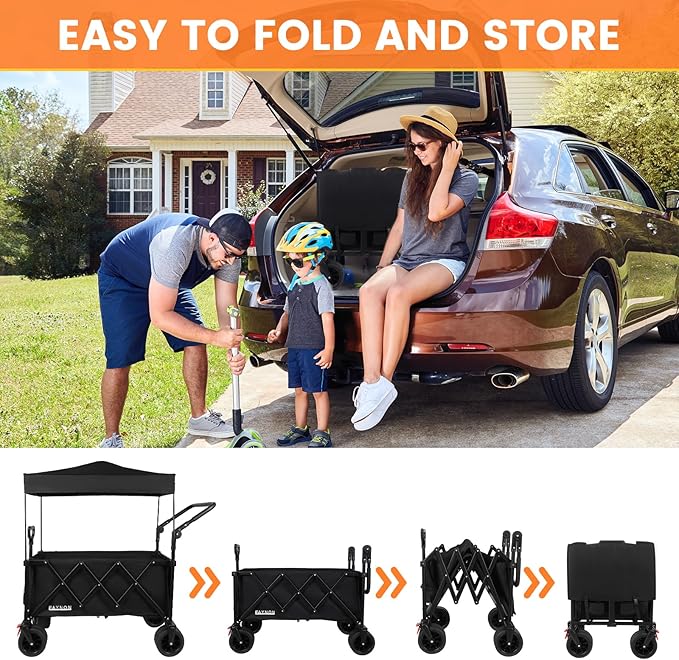 2 in 1 Collapsible Wagon with 300lbs Weight Capacity,150L Heavy Duty Utility Cart with Removable Canopy,with Big All-Terrain Beach Wheels & Drink Holders,Black
