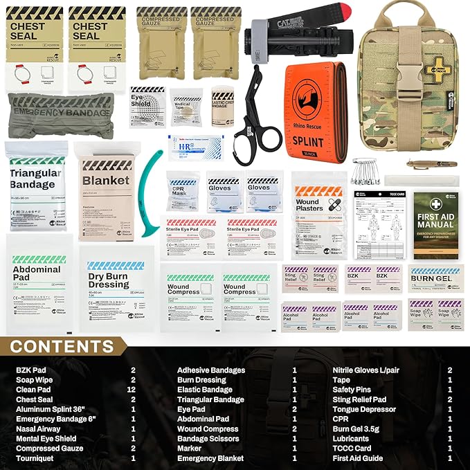 RHINO RESCUE IFAK Trauma Kit with C-A-T Tourniquet, Tactical First Aid Kit Molle Pouch for Military, Combat, Car, Camping, Hiking, Travel， FSA HSA Eligible (Camo)