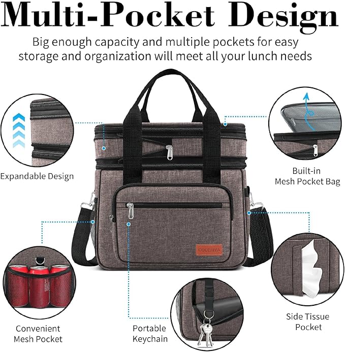 23L Extra Large Expandable Insulated Cooler Lunch Box for Men Double Deck Leakproof Heavy Duty Lunch Bag with 4 Ice Packs&2 Snack Bags for Adult/Construction/Women/Work/Picnic/Camping - Brown