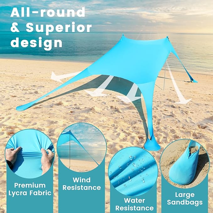 Beach Tent - Beach Shade UPF 50+ UV Protection, 9.8 x 6.5 FT, Anti-Wind Beach Canopy with 2 Poles, 2 Windproof Ropes, 1 Portable Bag, Beach Tent Sun Shelter Perfect for Picnics, Outdoors - Turquoise