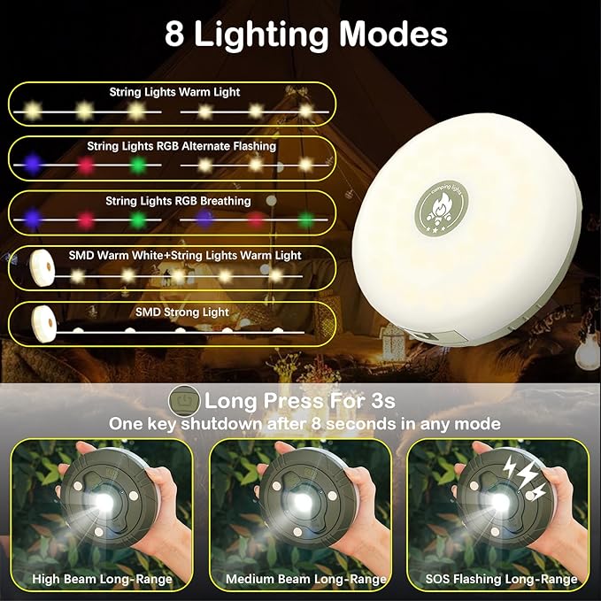 Camping String Lights with 8 Modes, 4 in 1 Portable Camping Light Rechargeable, USB Charging, Quick Storage, 32.8ft Waterproof Tent Light for Camping, Hiking, Christmas