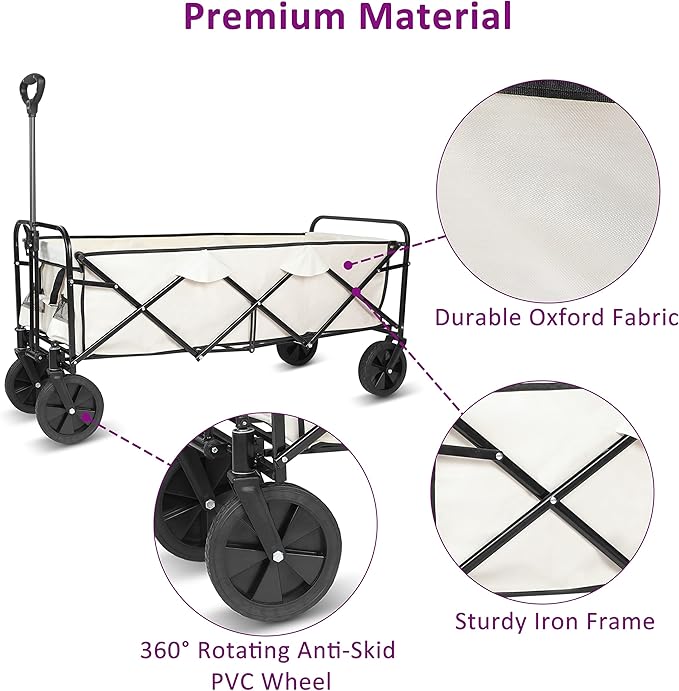 YSSOA Extended Folding Utility Wagon, 330LBS Heavy Loaded Collapsible Garden Cart with Anti-Slip Wheels, Adjustable Handle and Side Pockets, Large, White, X-Large