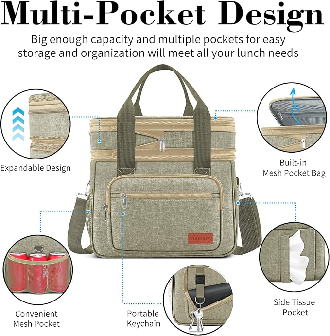 Expandable Insulated Large Cooler Lunch Box for Men 23L Heavy Duty Double Deck Leakproof Lunch Bag with 4 Ice packs&8 Snack Bags for Adult/Construction/Women/Work/Picnic/Camping -Khaki