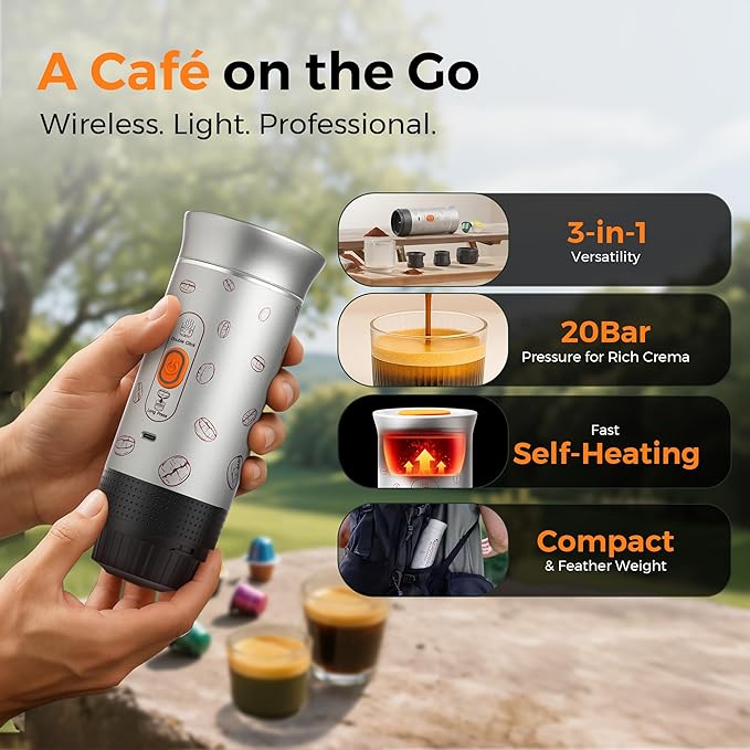 Portable Espresso Machine, 3-in-1 Travel Coffee Maker with Self-Heating, Battery Operated 20Bar Wireless Portable Espresso Maker Compatible with Ground Coffee & Capsule for Camping, Car, Office
