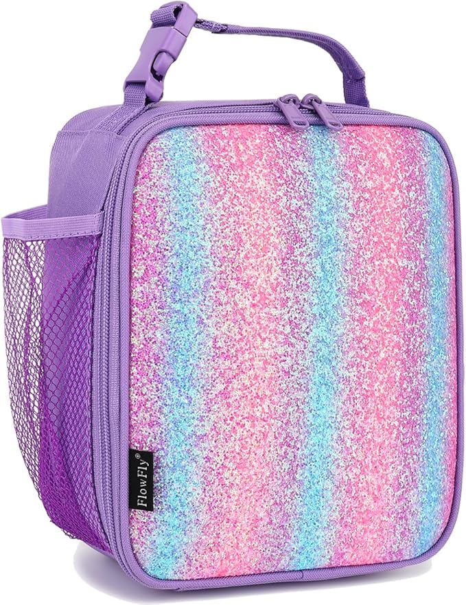 FlowFly Lunch box Insulated Soft Bag Mini Cooler Back to School Thermal Meal Tote Kit for Girls, Boys,Purple#Glitter