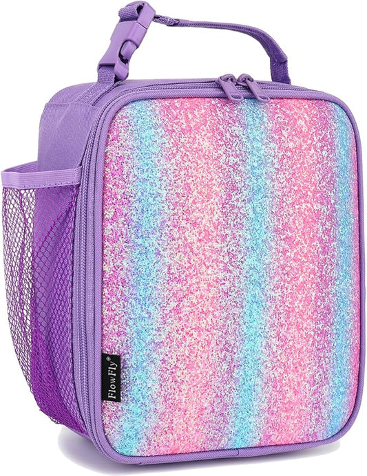 FlowFly Lunch box Insulated Soft Bag Mini Cooler Back to School Thermal Meal Tote Kit for Girls, Boys,Purple#Glitter