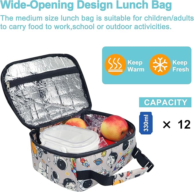 esouler Lunch Box Kids Insulated Lunch Bag for Boys & Girls Durable Children Lunchbox for School with Water Bottle Holder-Astronaut