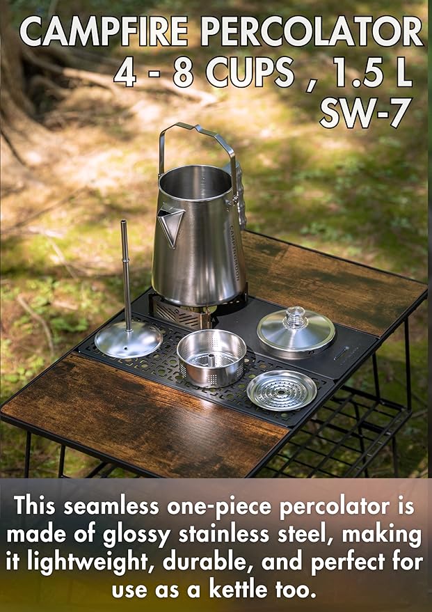 camping moon Stainless Steel Coffee Percolator Pot 1.5L (8 Cups) – Durable One-Piece Body, Gooseneck Spout & Removable Lid – Perfect for Camping & Outdoor Use SW-7