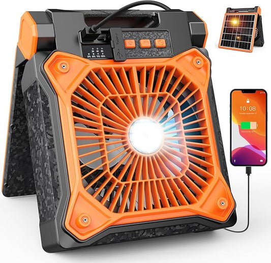 Solar Camping Fan with LED Lantern, 20000mAh Rechargeable Battery Powered with 10W Solar Panel and Emergency Power Bank, Quiet Battery Operated Tent Fan for Picnic, Barbecue, Fishing, Travel