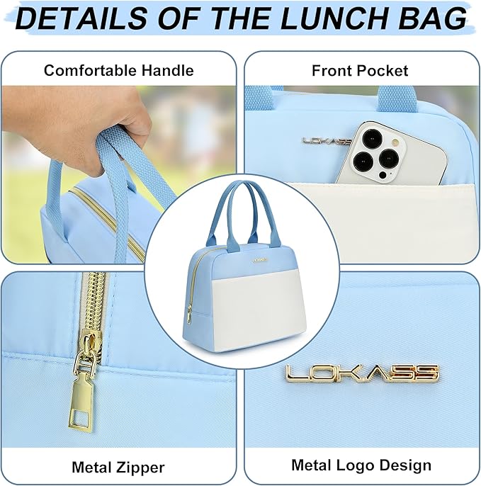 LOKASS Lunch Bag for Women-Insulated Adults Lunch Box with Front Pocket- Small Cute Lunch Tote for Work-Reusable Cooler Bag for Office Picnic Beach or Travel (Sky Blue)