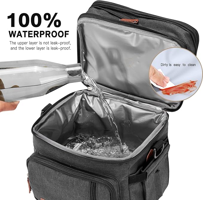 Men's Double/Women's Compartment Lunch bag, Insulated Lunch Cooler Tote 2 Roomy Large Reusable Water-resistant Lunch box (black)