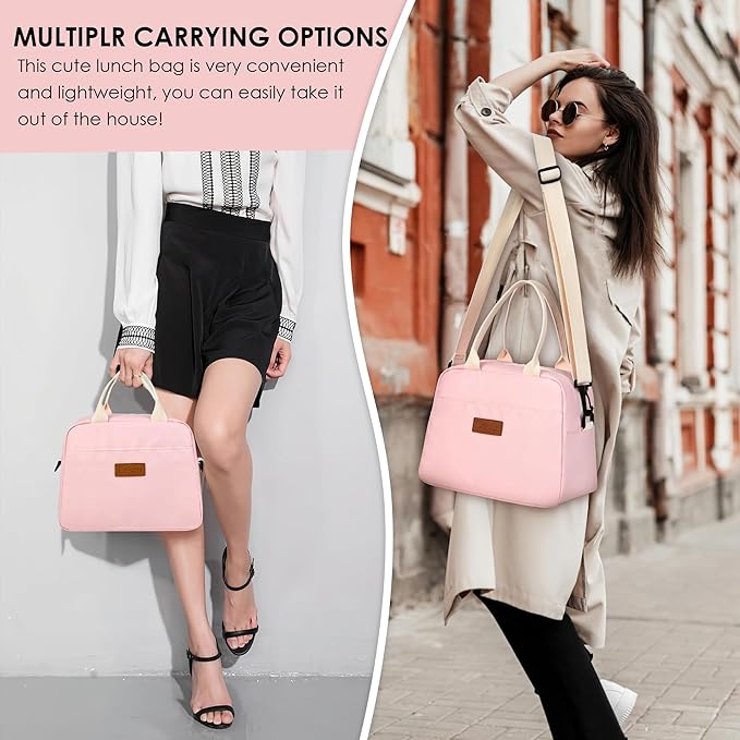 LOKASS Lunch Bag for Women-Insulated Adults Lunch Box with Front Pocket- Small Cute Lunch Tote for Work-Reusable Cooler Bag for Office Picnic Beach or Travel（pink）