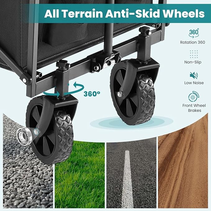 220 Lbs Collapsible Wagon, Large Capacity Beach Wagon with All-Terrain Wheels for Sand, Foldable Heavy Duty Utility Wagon Carts with Drink Holders for Shopping Sports Camping - 30 Inch