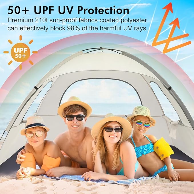 WhiteFang Beach Tent Anti-UV Portable Sun Shade Shelter for 3/4/6/8 Person, Extendable Floor with 3 Ventilating Mesh Windows Plus Carrying Bag, Stakes and Guy Lines