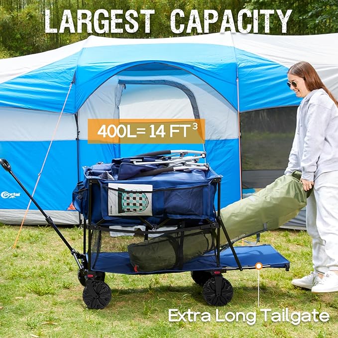 PORTAL 400L Collapsible Double Decker Wagon, Folding Wagon Cart with Tailgate, Beach Wagon with Big Wheels, 450LB Heavy Duty Foldable Wagon, Large Capacity Wagon for Camping, Sports, Garden, Baseball