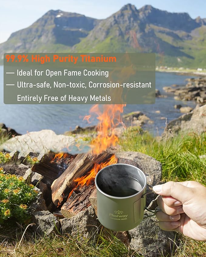 Camping Titanium Mugs Cups 300ml Camp Coffee Mug with Lid - Ultralight Backpacking Camp Cup for Hiking Backpacking Camping Open Fire