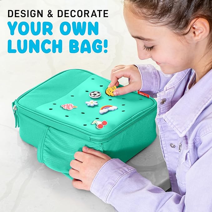 Fit & Fresh Lunch Box For Kids, Boys & Girls, School, Camp, Insulated Bag With Shoe Charm Slots For Personalization, Teal