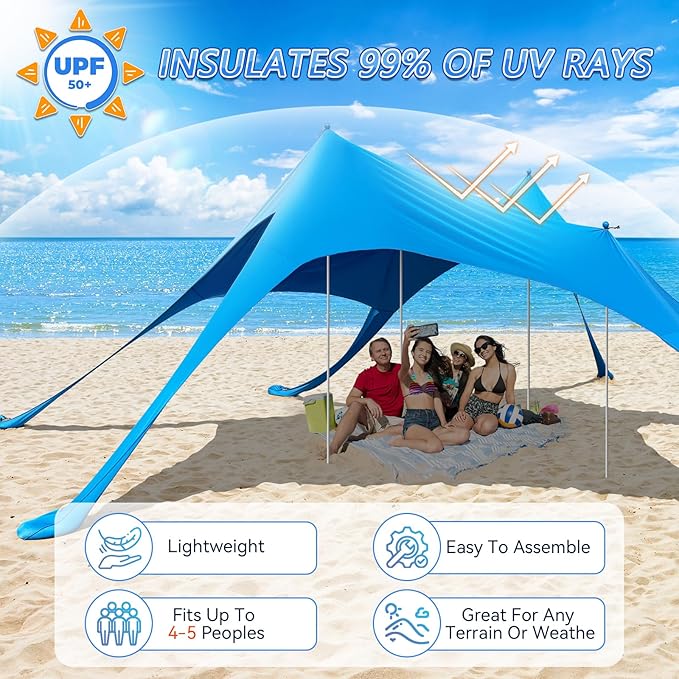 Beach Tent Sun Shelter,UPF 50+ Protection Sun Shade Canopy with 6 Sand Bags,4 Support Poles, Portable 13×20FT Outdoor Canopy Tent for Beach Camping,Fishing,Picnic (Light Blue)