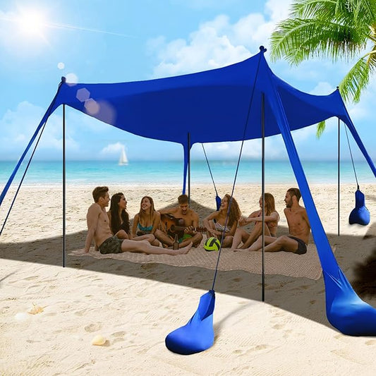 Beach Tent Sun Shelter 10x10FT Beach Shade Canopy with 8 Sandbags, UPF 50+ Protection Beach Shade Canopy, Outdoor Tent for Beach Camping Trips, Fishing, Backyard