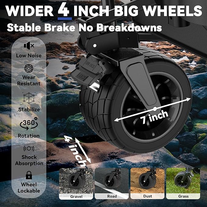 FUNDANGO 600lbs Collapsible Wagon, Foldable Beach Wagons Heavy Duty Garden Cart with Brakes, Side Pockets & All-Terrain Big Wheels for Sports Camping Shopping Groceries, Black