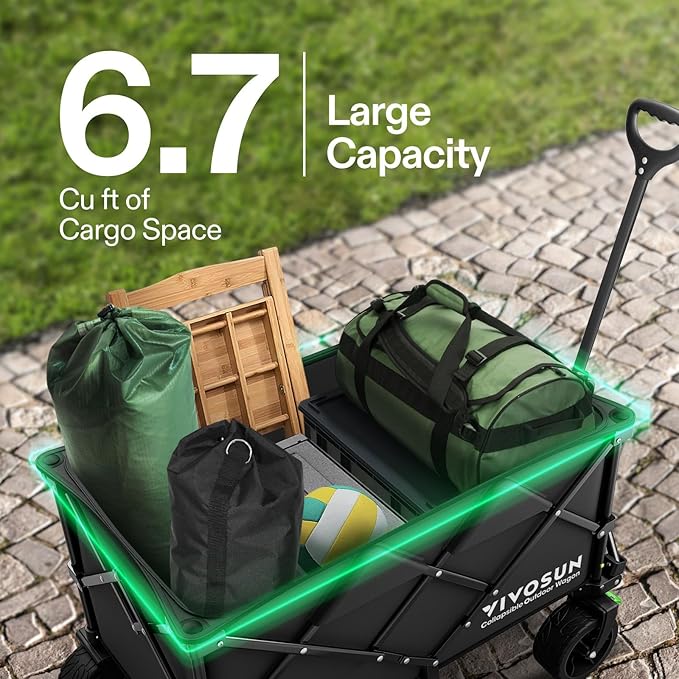 VIVOSUN Collapsible Folding Wagon, Outdoor Utility with Silent All-Terrain Wide Wheels, Adjustable Handle, Cup Holders & Side Pockets, for Camping, Beach, Shopping, Garden, Sports, Picnic, Black