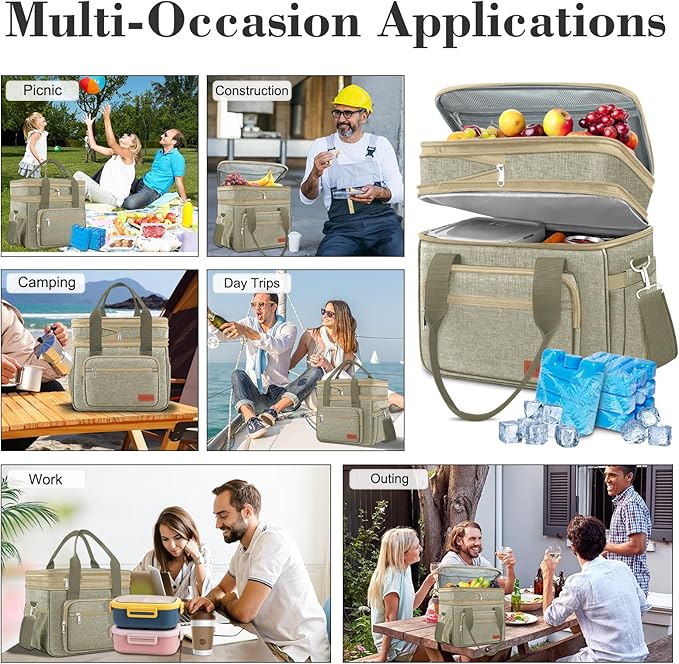 Expandable Insulated Large Cooler Lunch Box for Men 23L Heavy Duty Double Deck Leakproof Lunch Bag with 4 Ice packs&8 Snack Bags for Adult/Construction/Women/Work/Picnic/Camping -Khaki